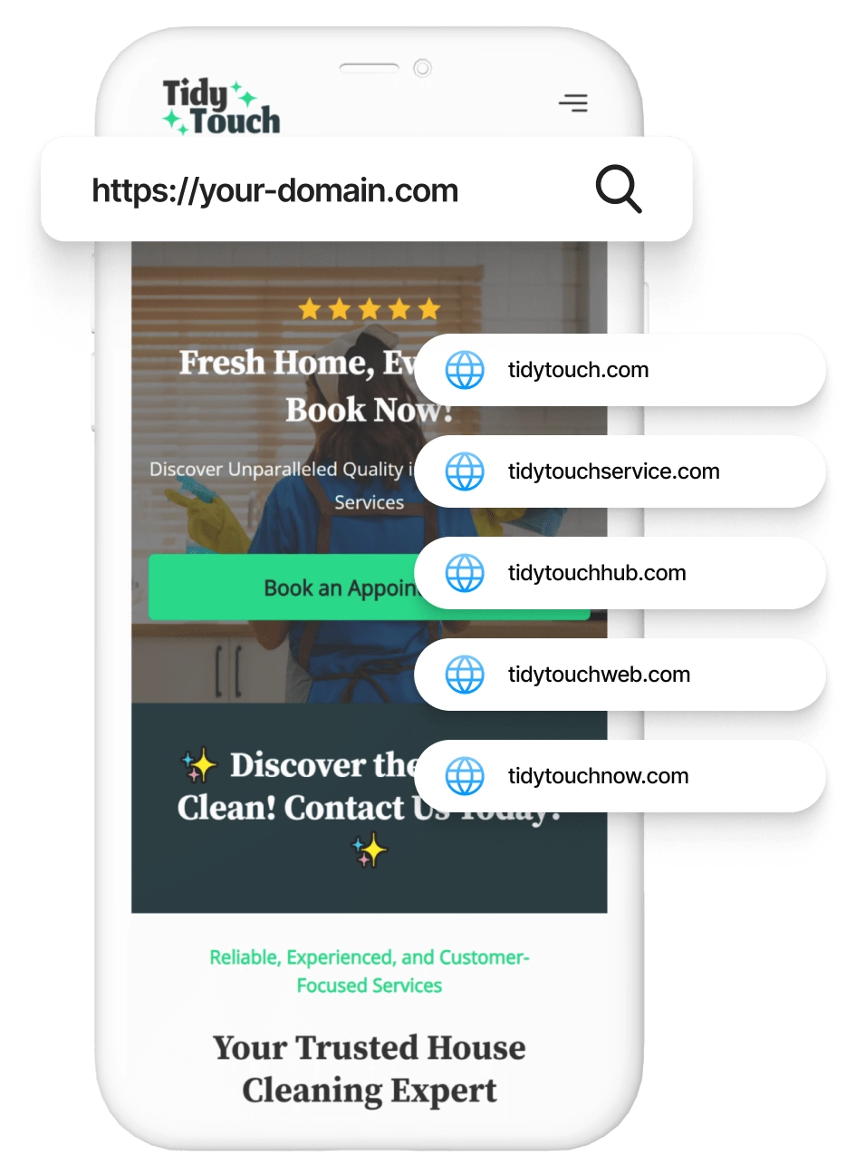 Smartphone displaying a house cleaning service website with multiple custom domain options.