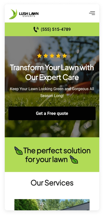 Smartphone screens displaying a landscaping service website.