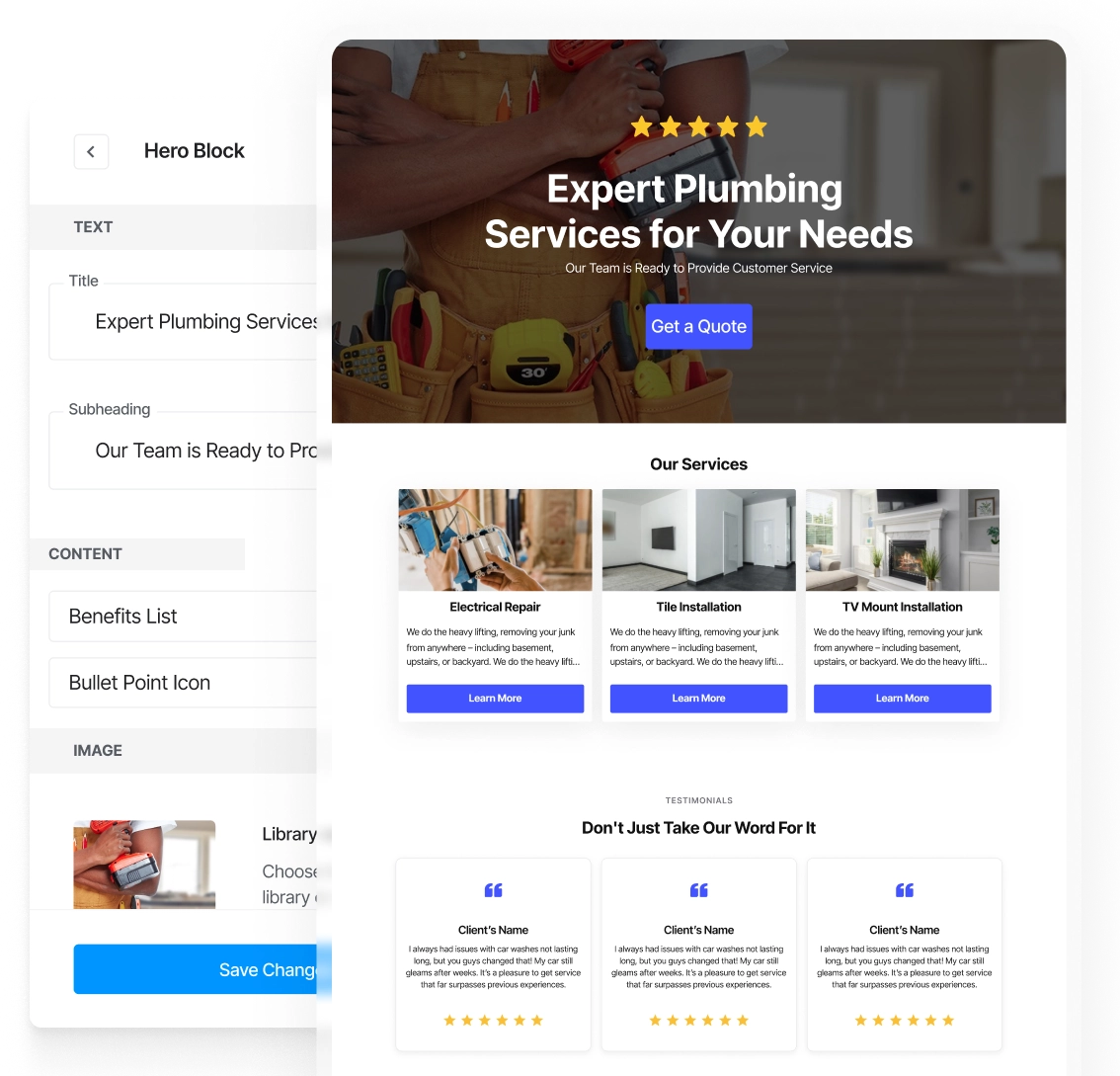 Website builder interface displaying a handyman service page with customization options for social media, hero section, and elements.