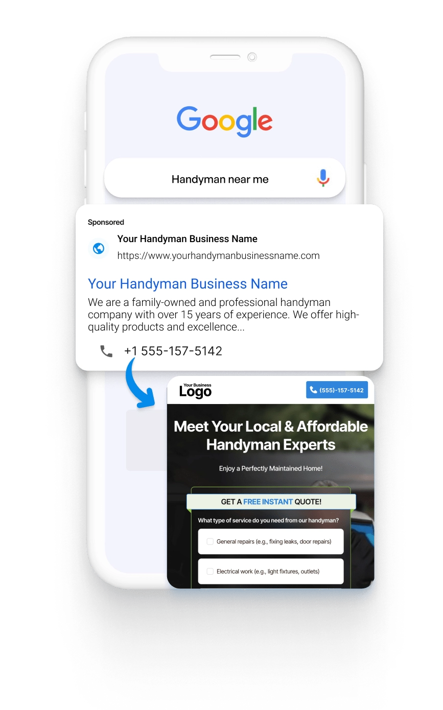 Google search result for 'Handyman near me' with a local handyman business ad displayed on a smartphone screen and a corresponding landing page below.