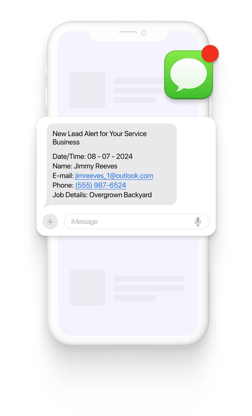 New lead notification from Voolt on a smartphone screen, showing contact details and job information for a service business.