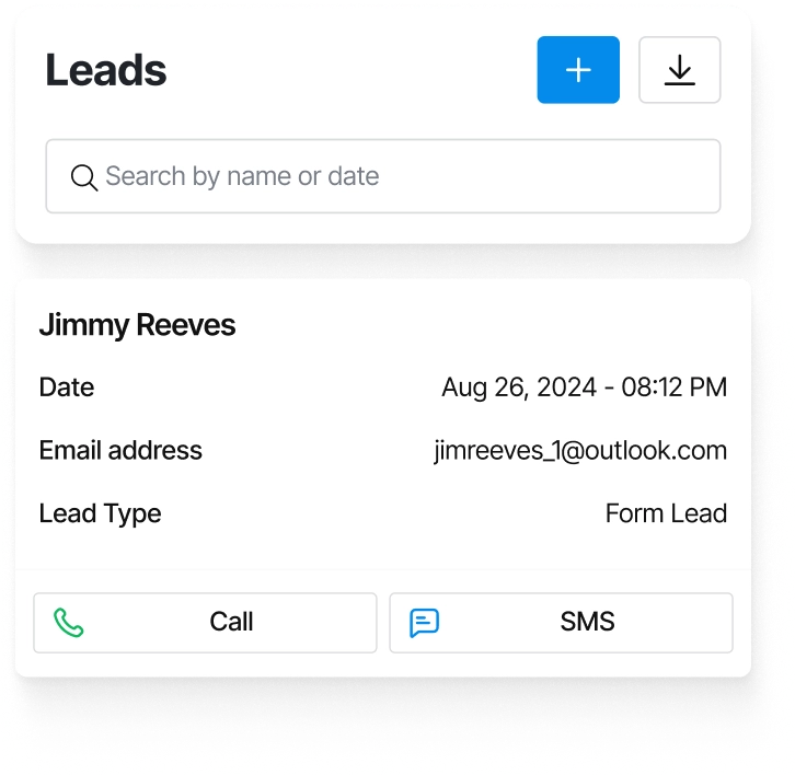 Leads dashboard displaying details of a lead, including name, date, email, and lead type.