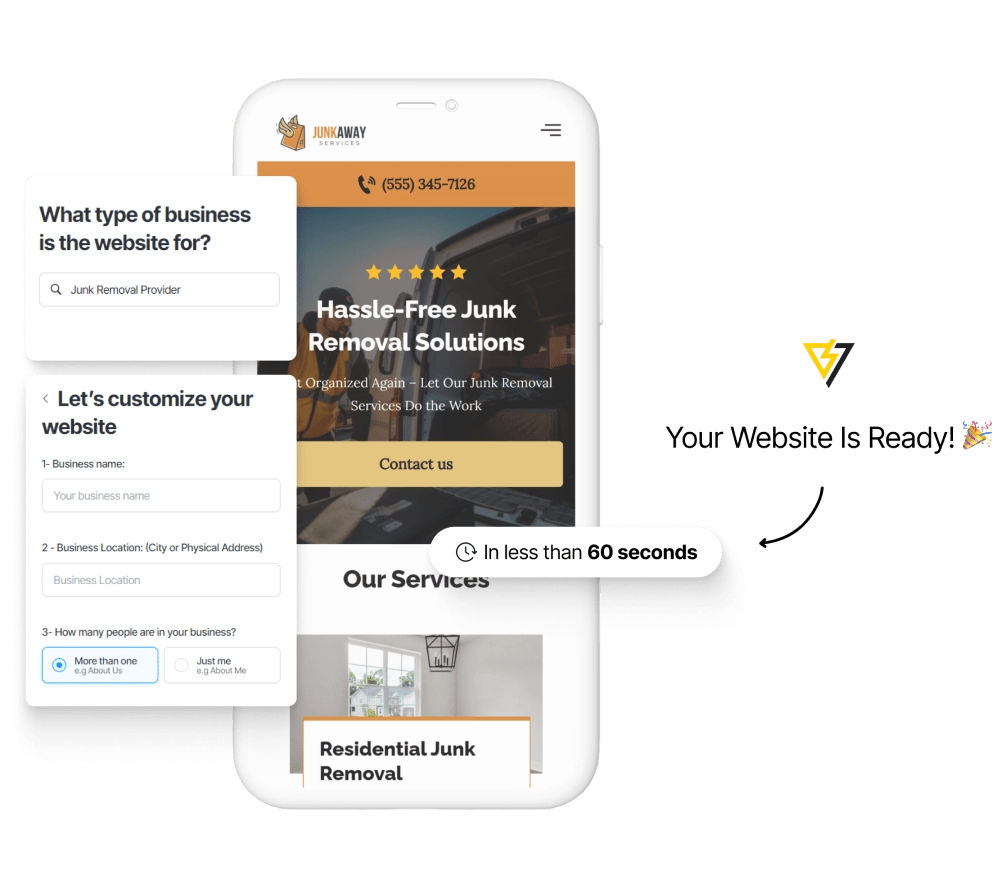 Phone displaying a junk removal website, with text bubbles showing customization options and a message indicating the website is ready in less than 60 seconds.