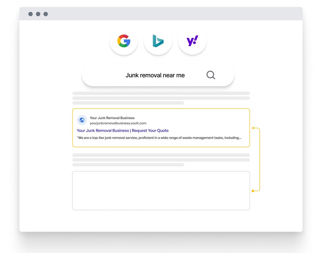Search engine result page showing an ad for a junk removal business with options from Google, Bing, and Yahoo.