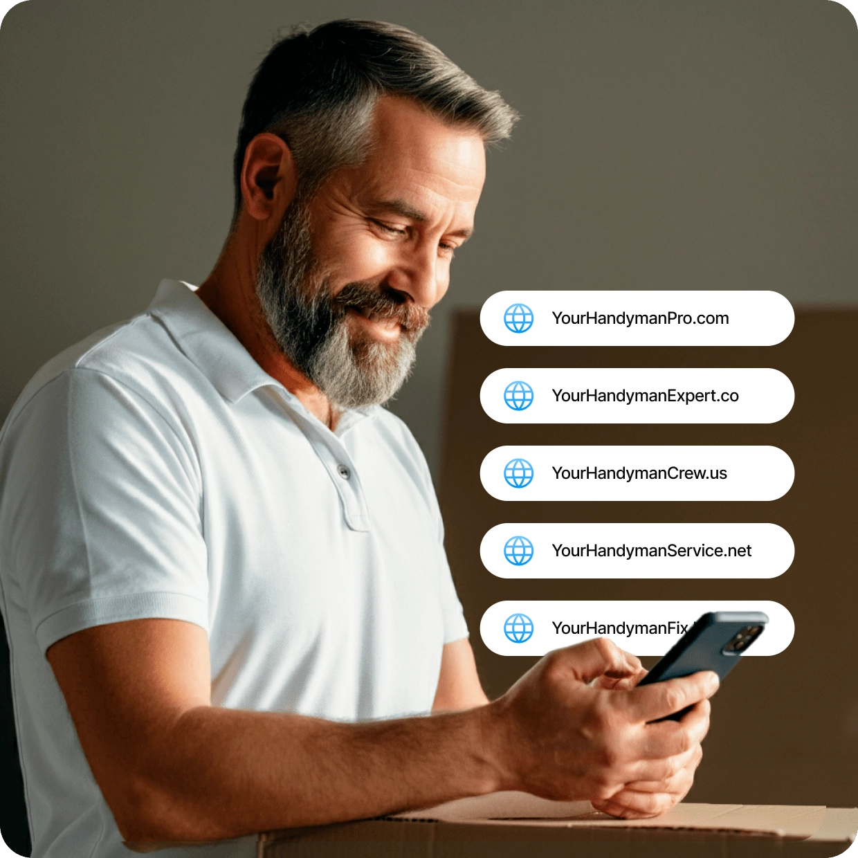  Smiling man using a smartphone, with multiple handyman domain options displayed.