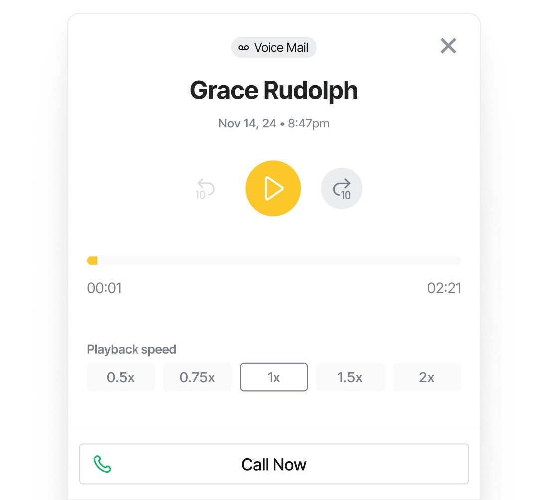 Voice mail playback interface for Grace Rudolph with playback controls and timestamp.