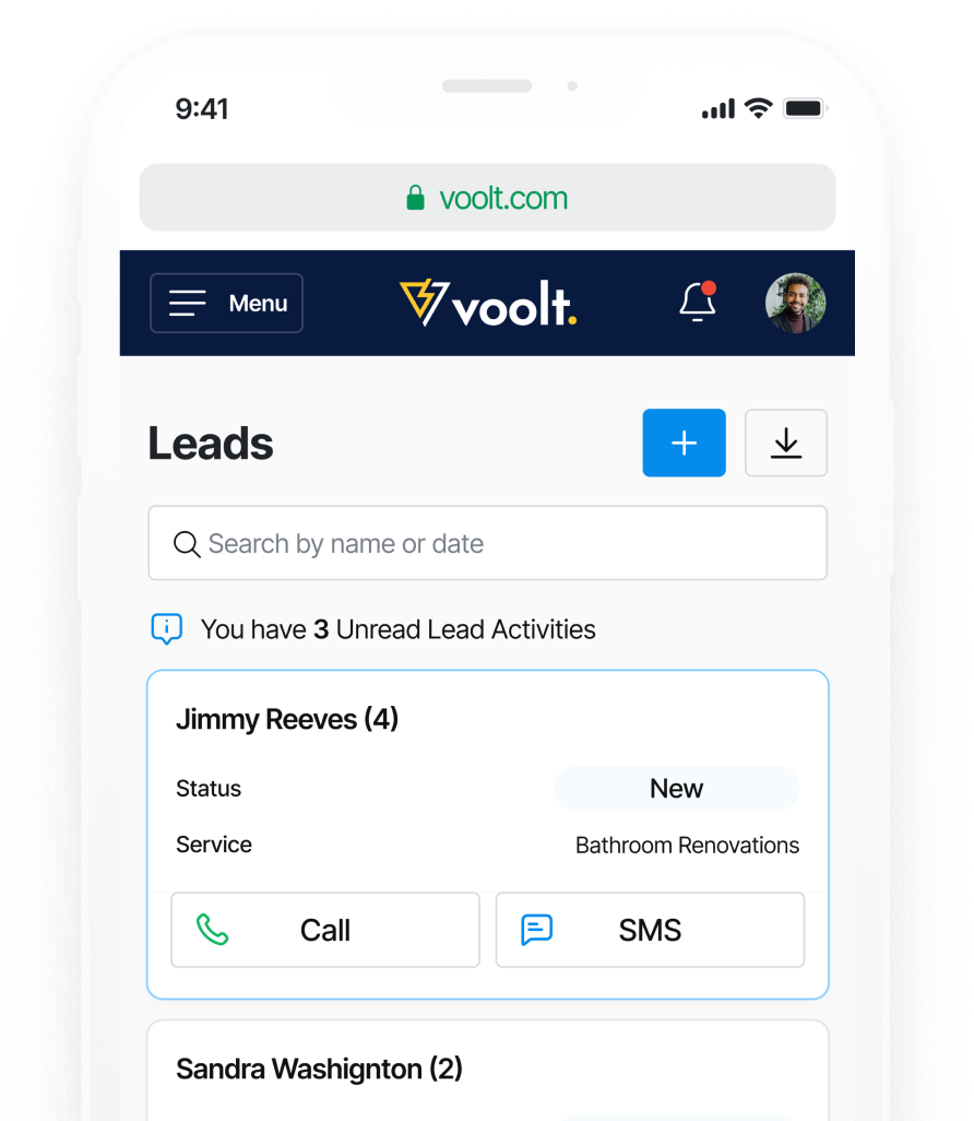 Leads dashboard showing details of leads, including name, date, email, and lead type.