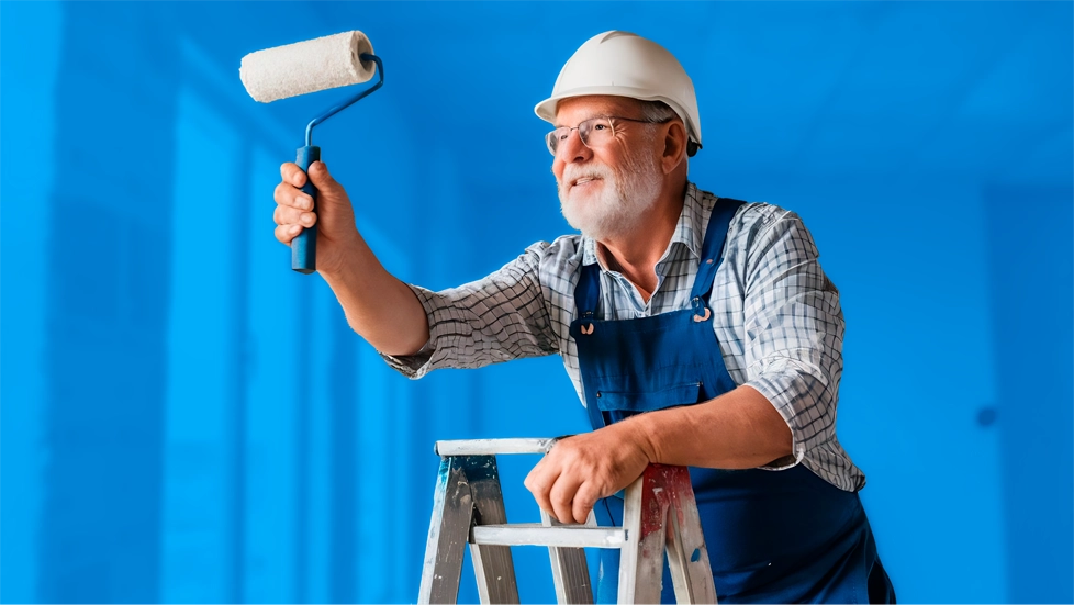 Smiling painter in hard hat using a roller brush on a ladder.