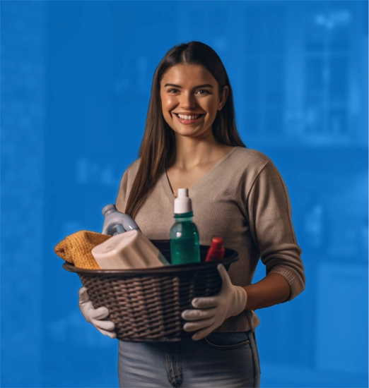 Smiling house cleaner holding a basket with cleaning supplies.