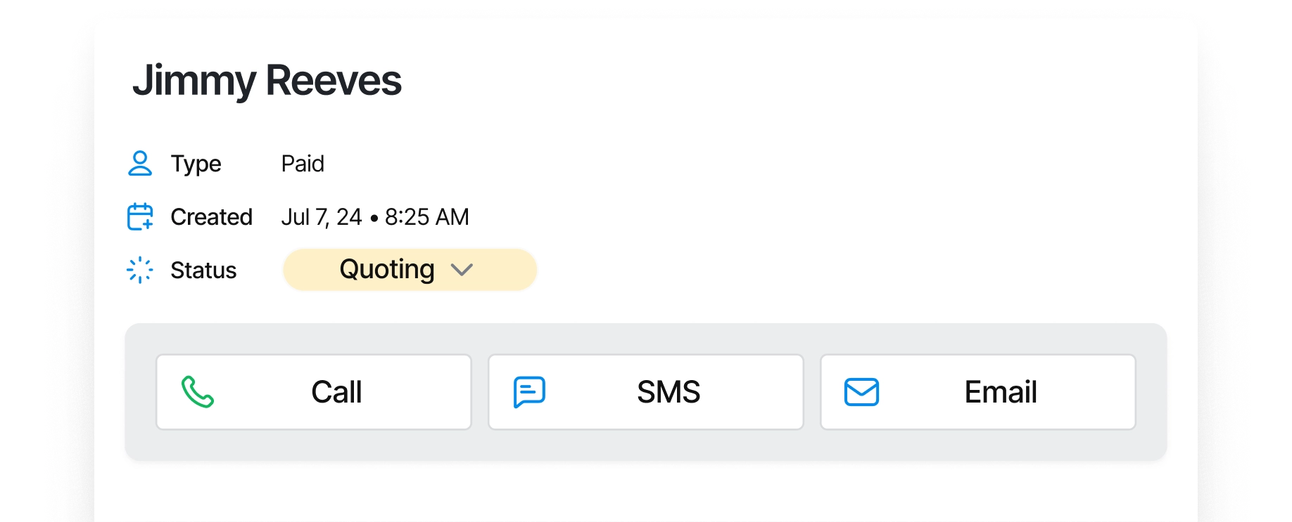 Lead details showing type, created date, and status with options to call, SMS, or email.