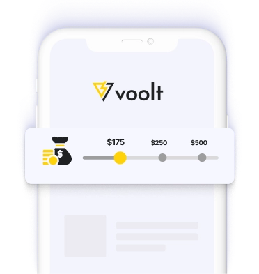 Smartphone displaying a Voolt interface with an adjustable budget slider for ad spending, ranging from $175 to $500.