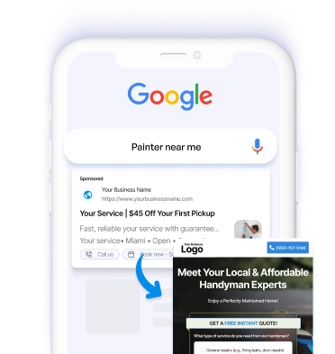 Google search result for 'Handyman near me' with a local handyman business ad displayed on a smartphone screen and a corresponding landing page below.