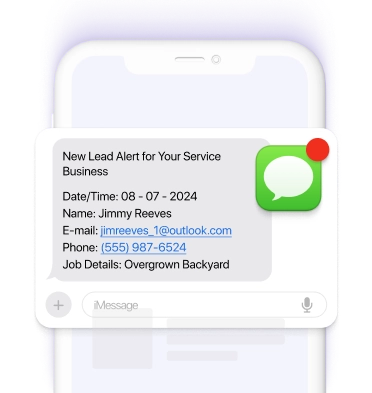 New lead notification from Voolt on a smartphone screen, showing contact details and job information for a service business.