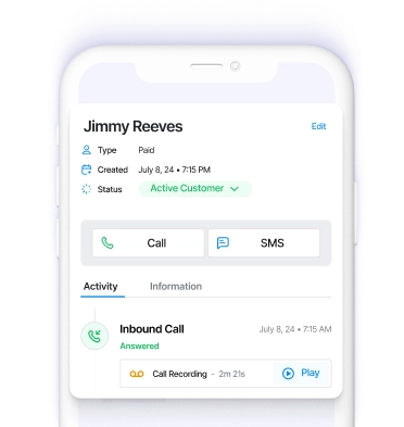 Customer contact details and call activity on Voolt's dashboard shown on a smartphone interface, with options to call or send SMS.