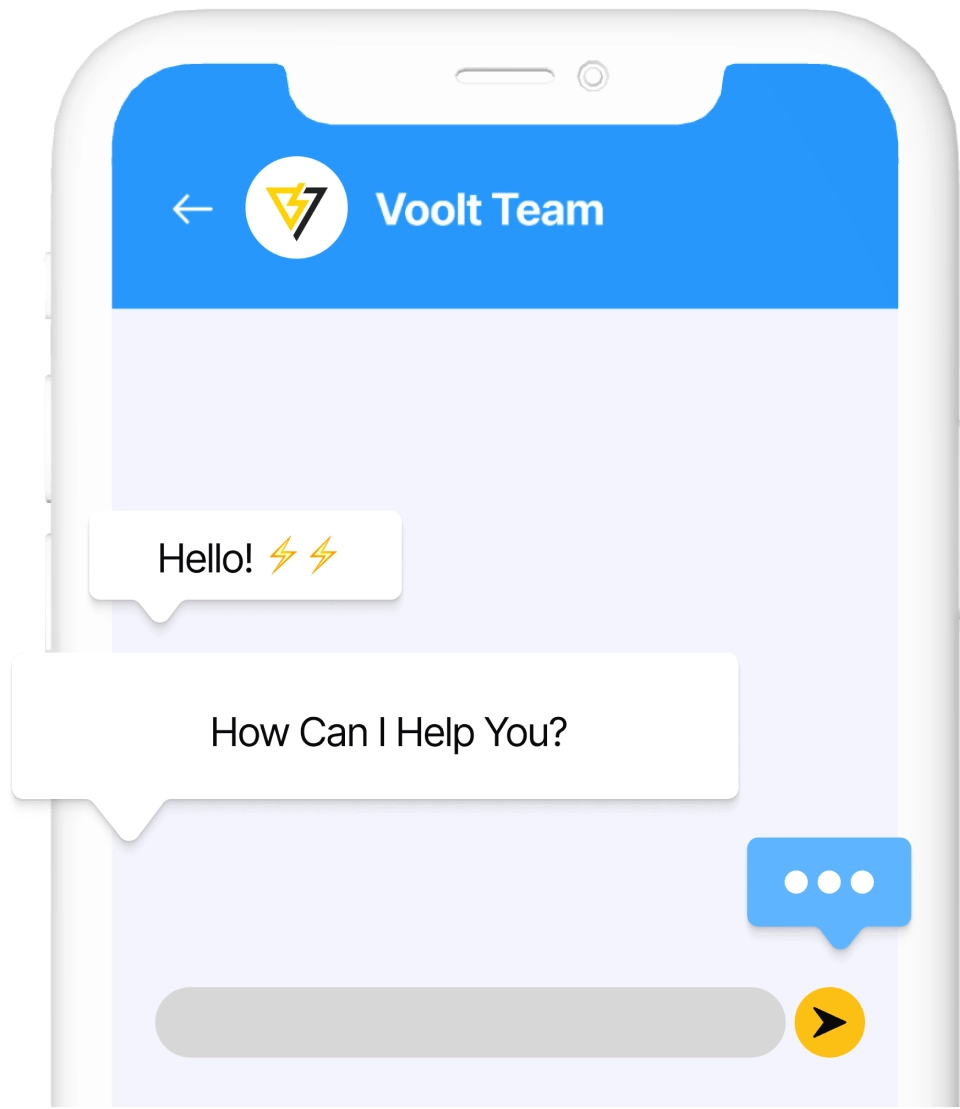 Chat interface on a smartphone screen with Voolt Team initiating a conversation.